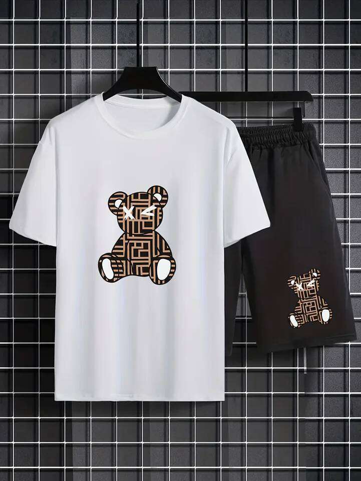 2026 Summer Casual Fashionable Breathable Sports Loose-Fit Quick-Dry Men's Short-Sleeve Hip-Hop Bear Print Set