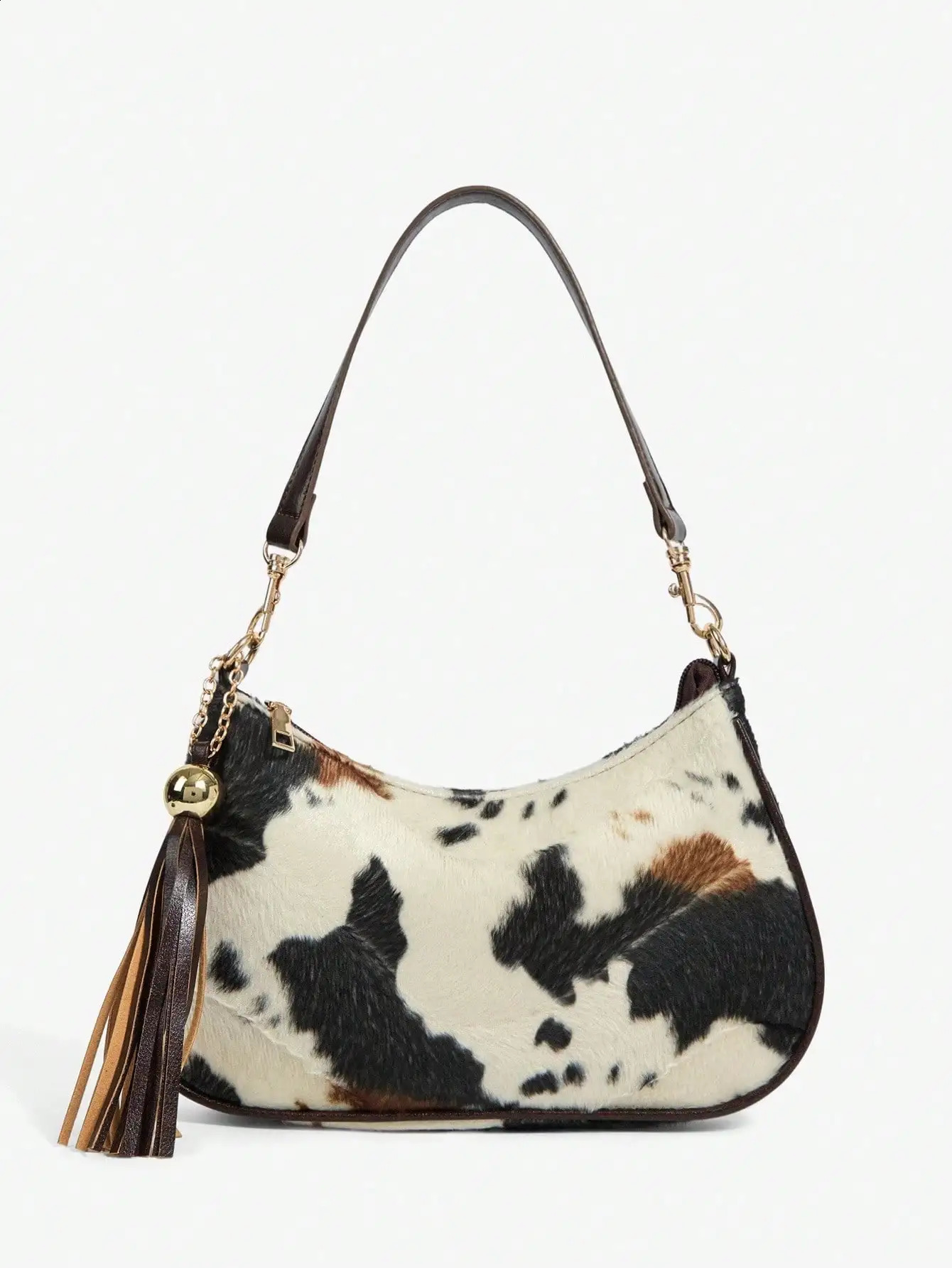 Womens Cow Print Hobo Shoulder Bag with Tassel Pendant Retro Style 260316
