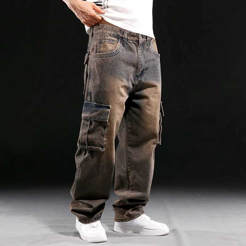Wide Leg Pant Distressed Cargo Jean Men Jeans Washed Denim Patchwork Solid Full Length Pants Loose Pockets High Street 2025 D260320