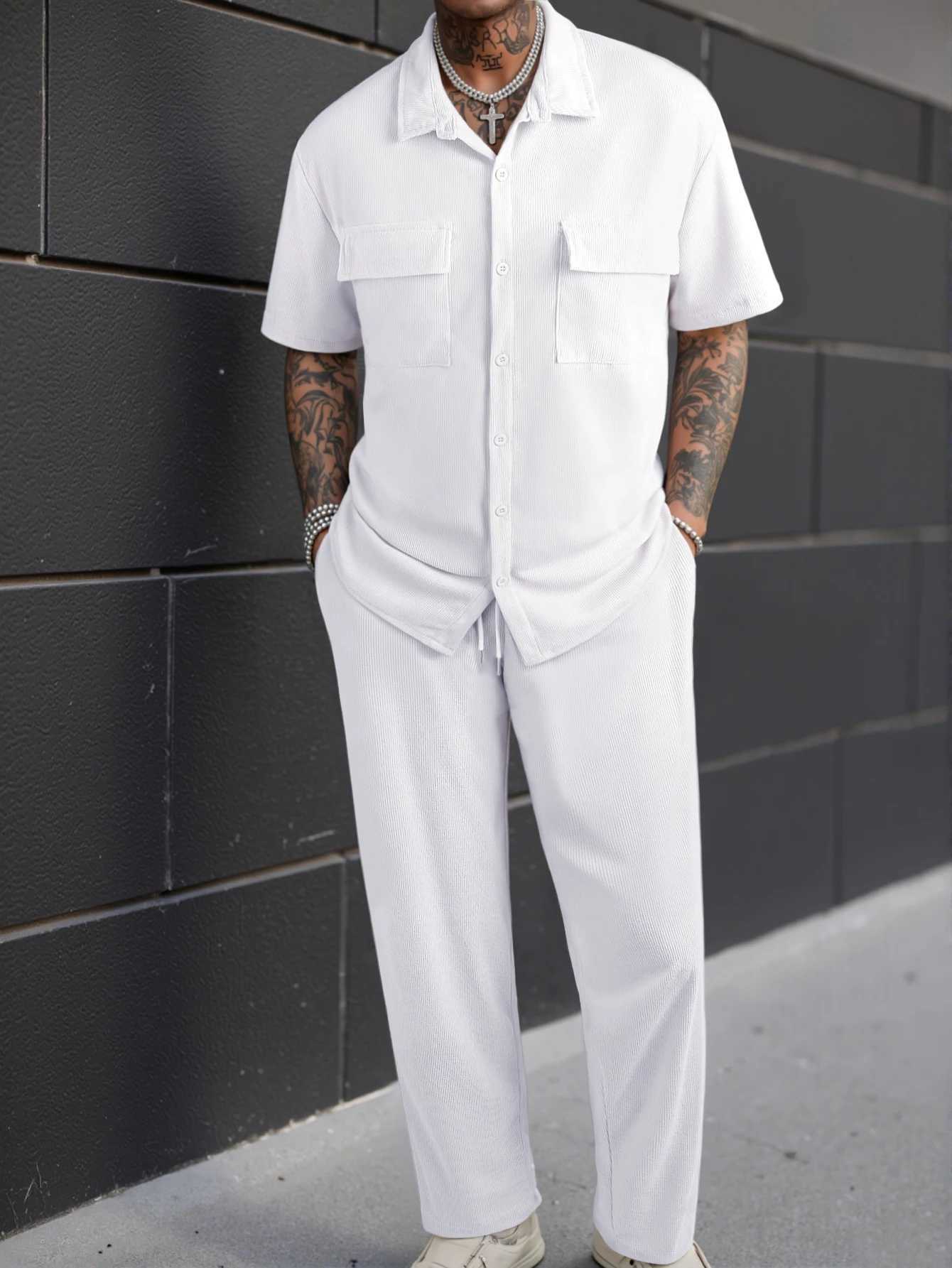 New 2pcs Set Mens Short Sleeve Shirt Pants Suits for Men Beach Wear Tracksuit Solid Color Shirts Sweatpants Hawaiian Vacation M260320