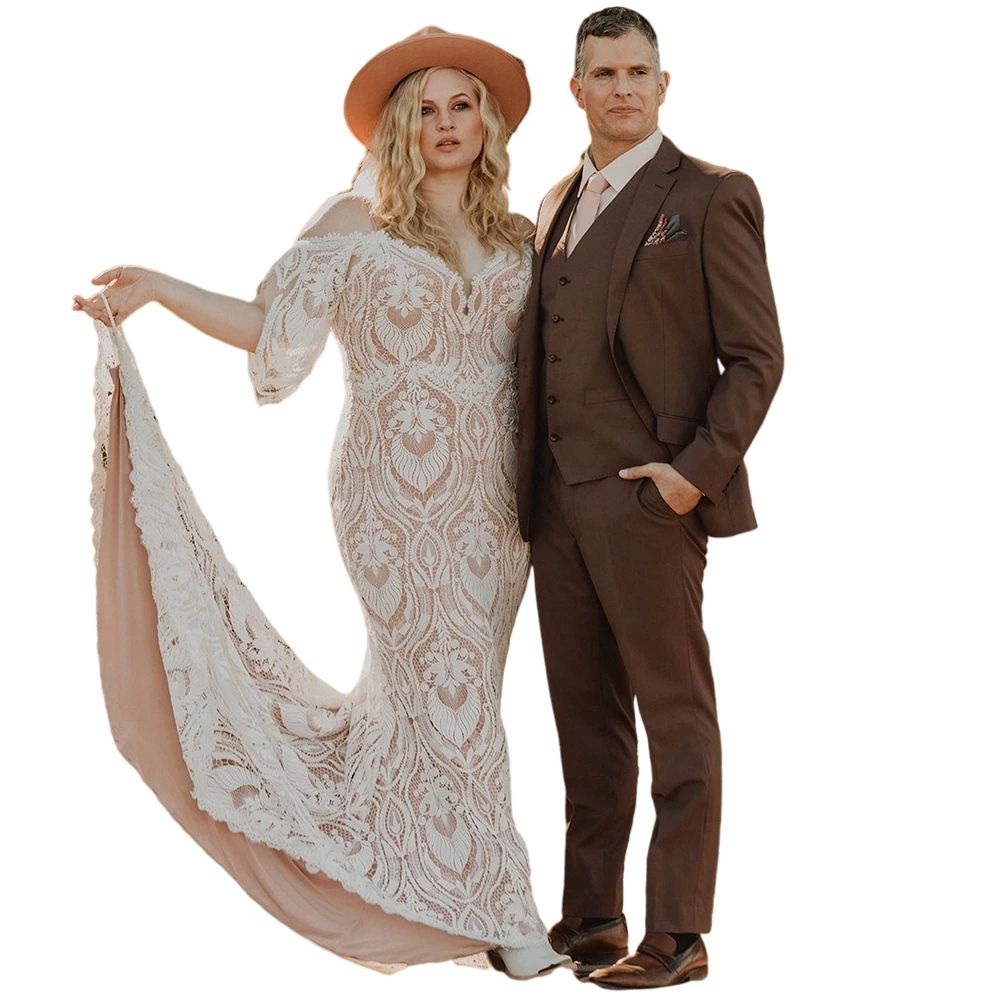 Flutter Sleeves Rustic Country Bohemian Wedding Dresses 2026 Nude Pink Lining Corchet Lace Beach Plus Size Boho Bridal Gowns