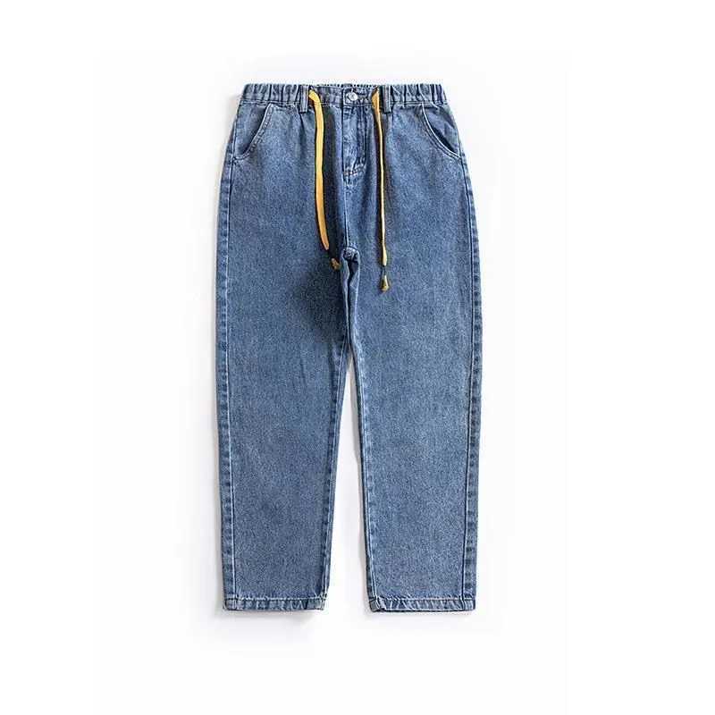 Drawstring Trendy Brand Light-color Elastic Waist Jeans Mens Autumn Loose and Fashion Versatile Tapered Small Feet Harlan Pants D260320