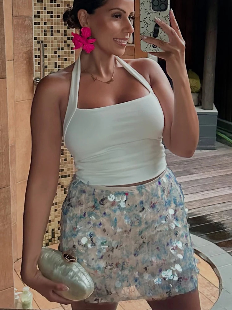 HH Elegant Women Solid Sequined Slim Mini Skirt Sparkling Party Style Skirt Female Sexy High Waist Short A-Line Skirt 260318 - view 5