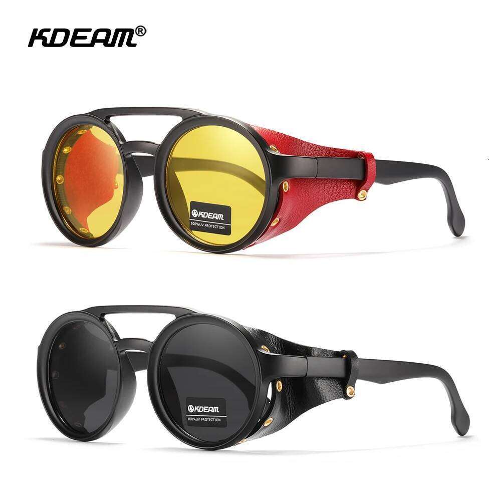 KDEAM Vintage Round Sunglasses Men Women Leather Shield Sun Glasses Twin Bridge Designed Shade KD179 26Y0321