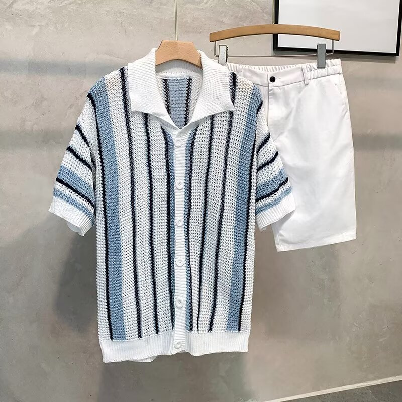 Luxury Brand Designer American-style striped high street tank top knit shirt men summer simple and casual with a relaxed feel collared hollowed-out ha