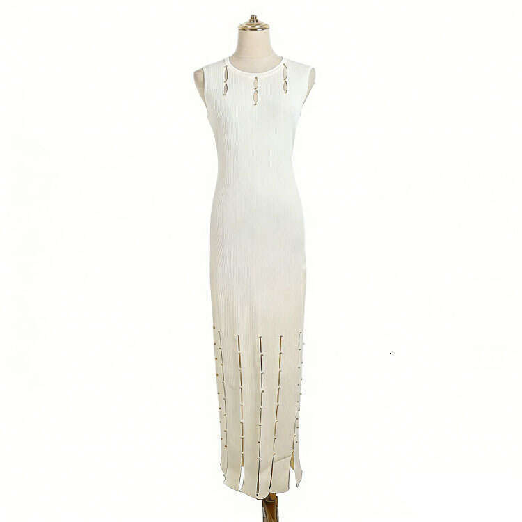 Summer New Sleeveless Round Neck Knitted Long Skirt with A12 Ribbed Hollow Design and Gold Beads Adorned with Fork Up Dress