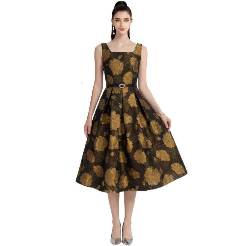 Designer French style 2026 k30 high-end jacquard sleeveless vest with large hem A-line skirt