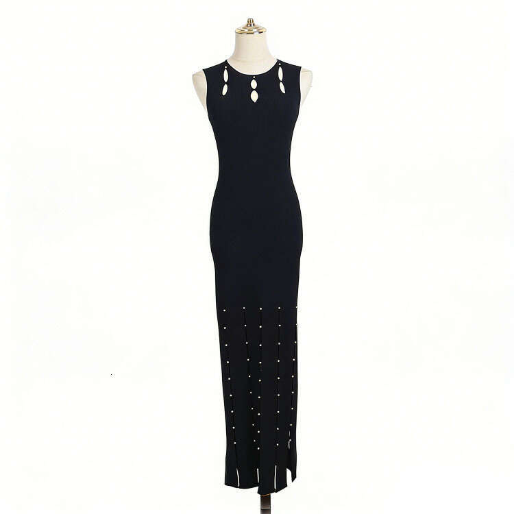 Summer New Sleeveless Round Neck Knitted Long Skirt with A12 Ribbed Hollow Design and Gold Beads Adorned with Fork Up Dress