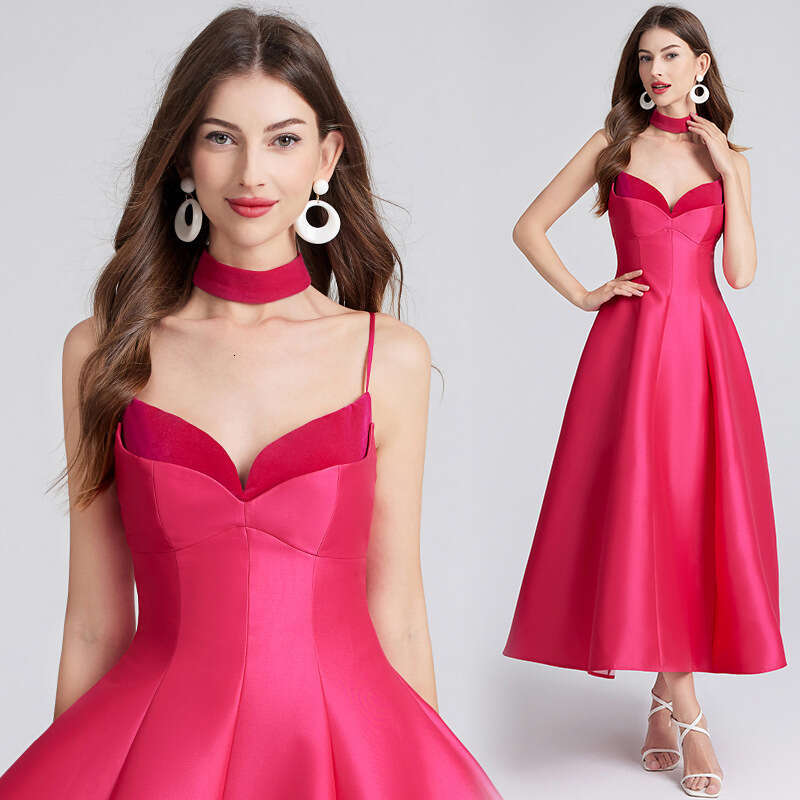 French retro socialite style Hepburn k30 style sexy backless dress designer waist cinched V-neck slim shoulder strap