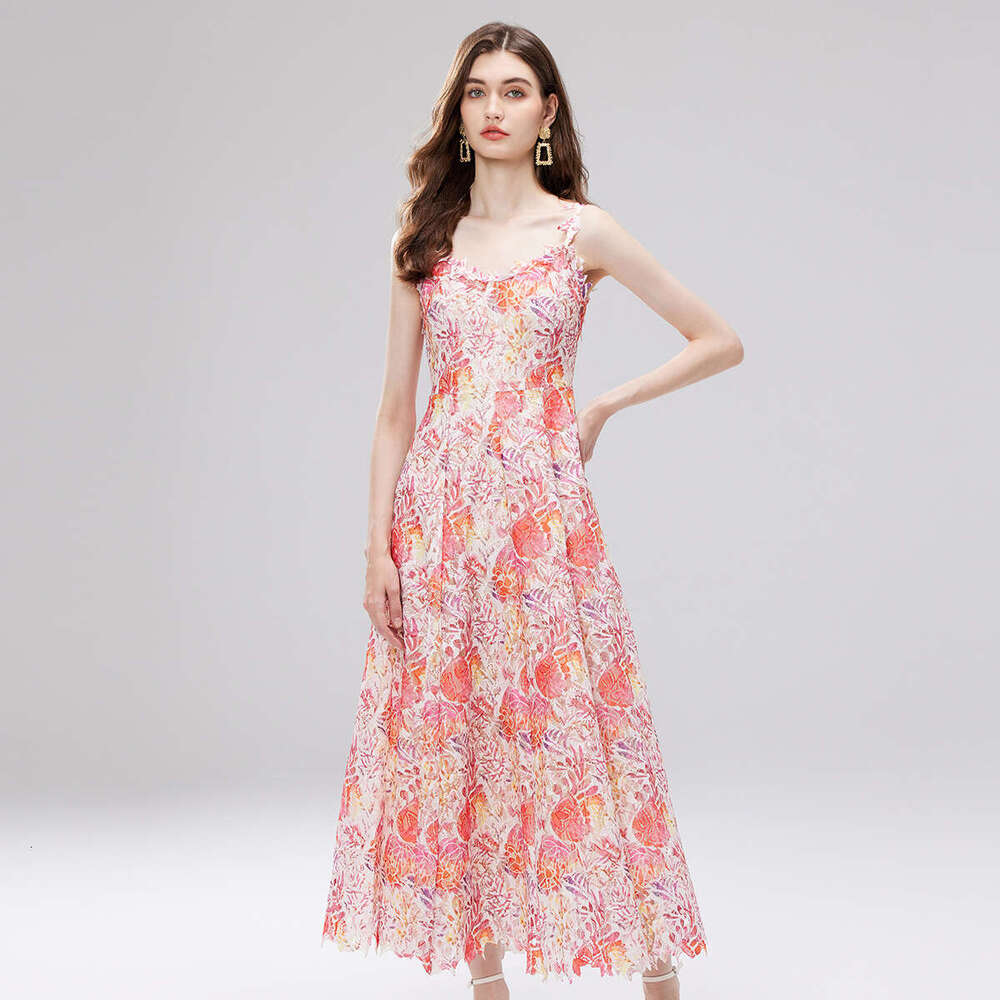 2026 designer French court style printed women's vest summer mesh hollow waist design k30 unique long skirt
