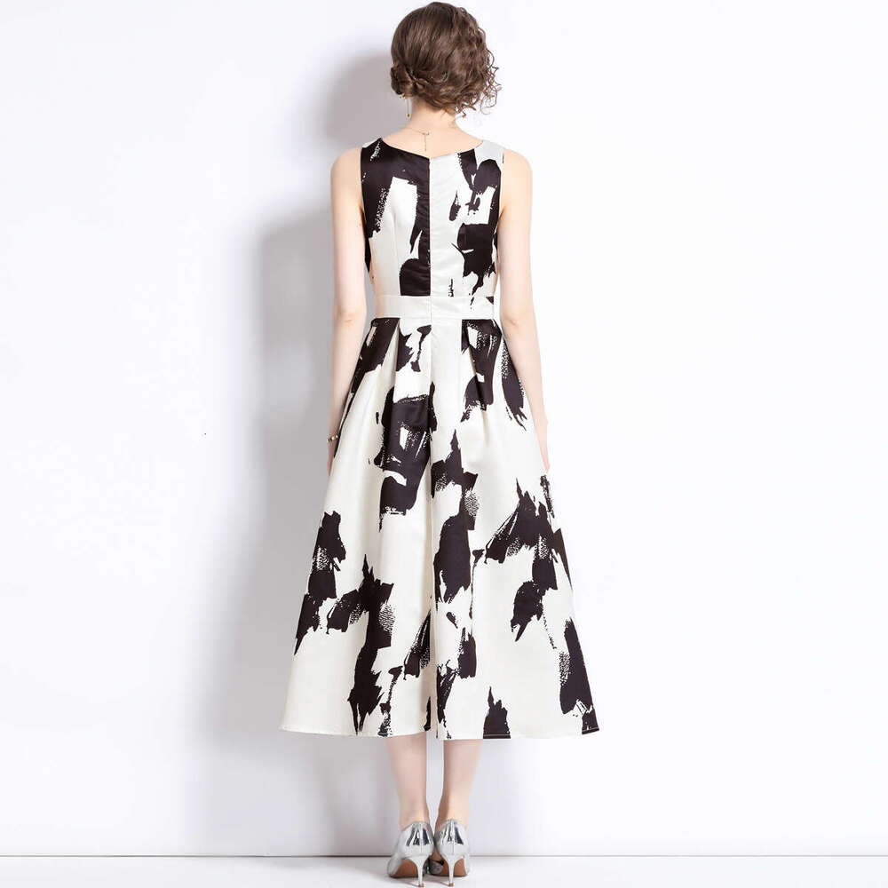 Summer new product: Ink art print round-neck sleeveless high-waisted A14 A-line Korean-style slimming dress for women with a flared skirt