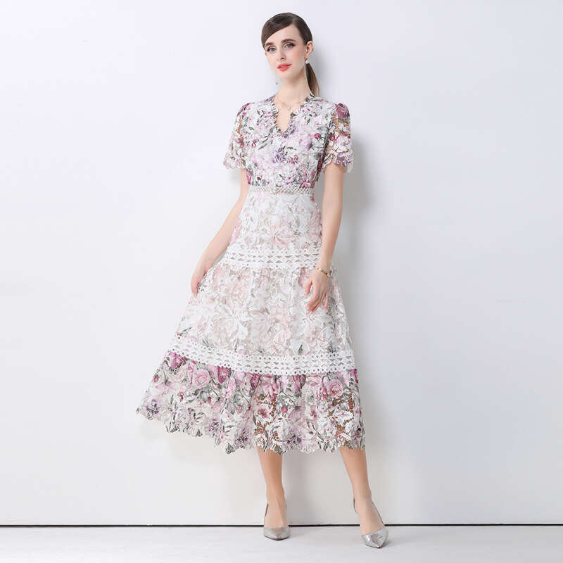 Designer French retro style elegant high-end exquisite hollow out water-soluble lace A14 waist cinching slimming fashionable long skirt