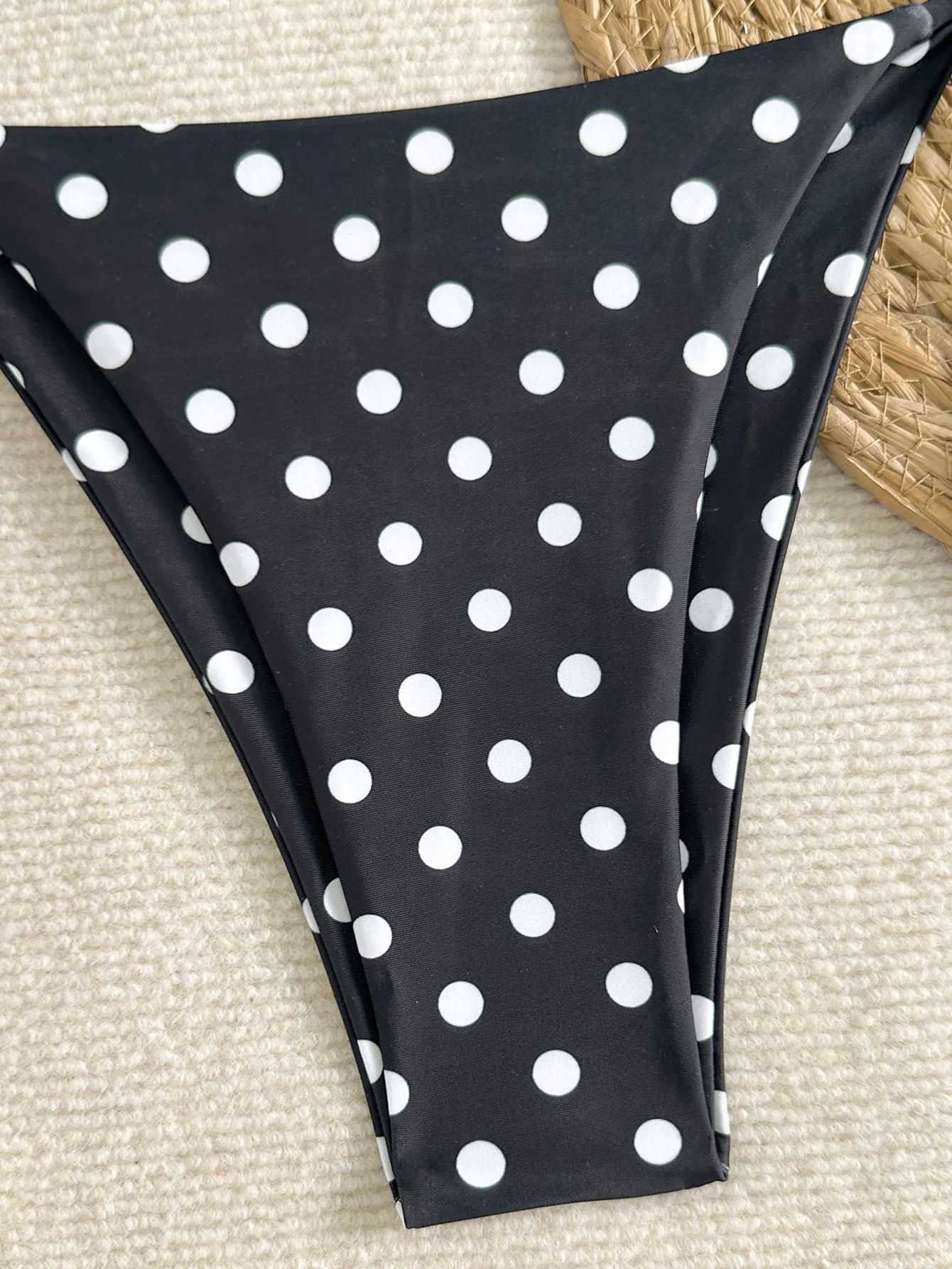 Womens Swimsuit Set Bikini Two-Piece Swimsuit Beach Vacation Swimwear Black and White Polka Dot Print Tie-Up Triangle Bottoms Halter Neck Triangle Bag