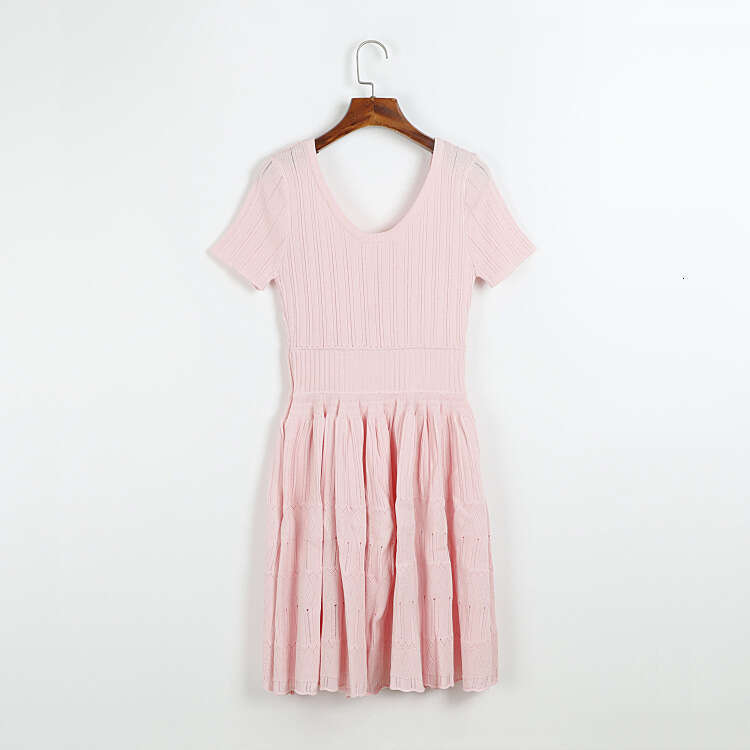 Summer designer pink double U-neck short sleeved knitted ribbed elastic hollow j29 pleated women's dress