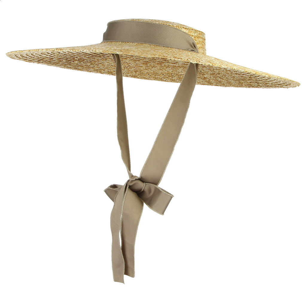 Vintage Large Brim Straw Hat for Women Flat Top Summer Beach Cap Shallow Crown Boater Sun Hats Ribbon Tie Wicker Hat 220601