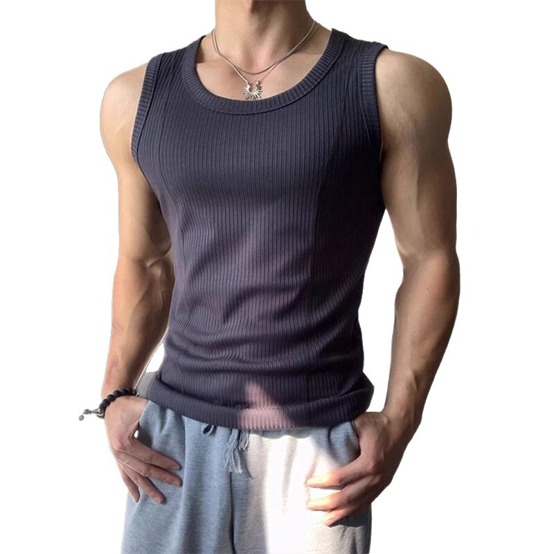 White Coarse Thread Tank Top Mens Summer Slim Fit Muscle-Enhancing Sleeveless T-Shirt American Style Fitness Sports Undershirt