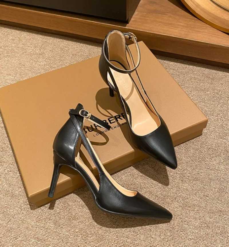 Ankle Strap Pointed Toe Women Slingback Pumps Black Matte Leather Hollow Stiletto High Heels Sandals 6CM and 8CM C260321