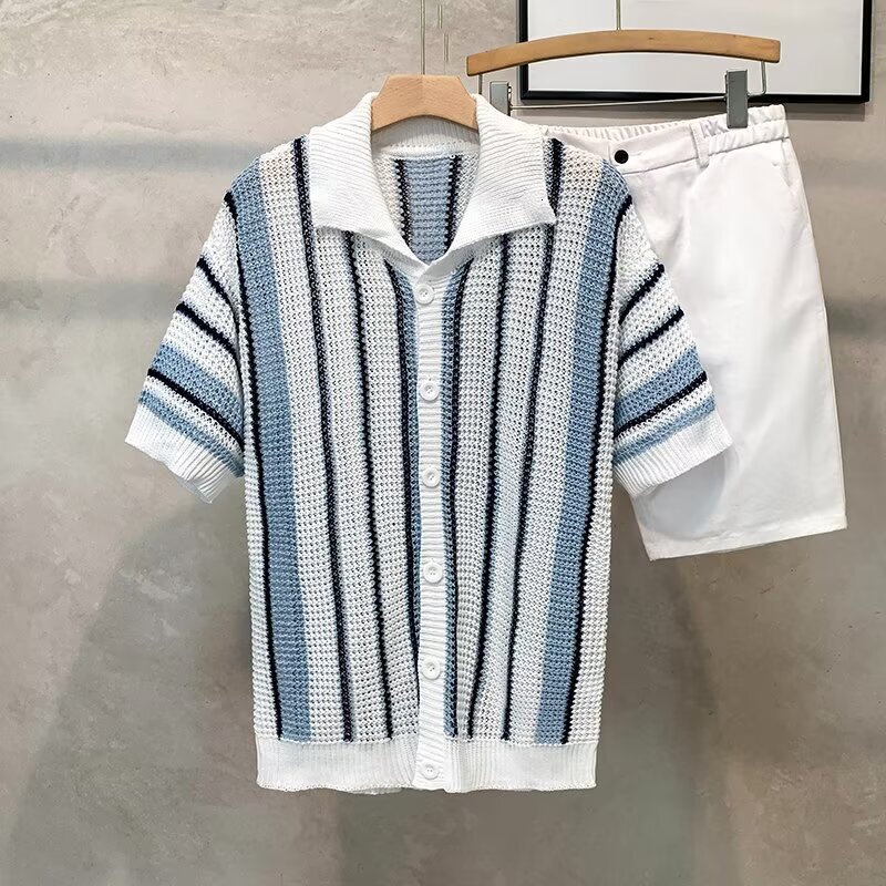 Luxury Brand Designer American-style striped high street tank top knit shirt men summer simple and casual with a relaxed feel collared hollowed-out ha