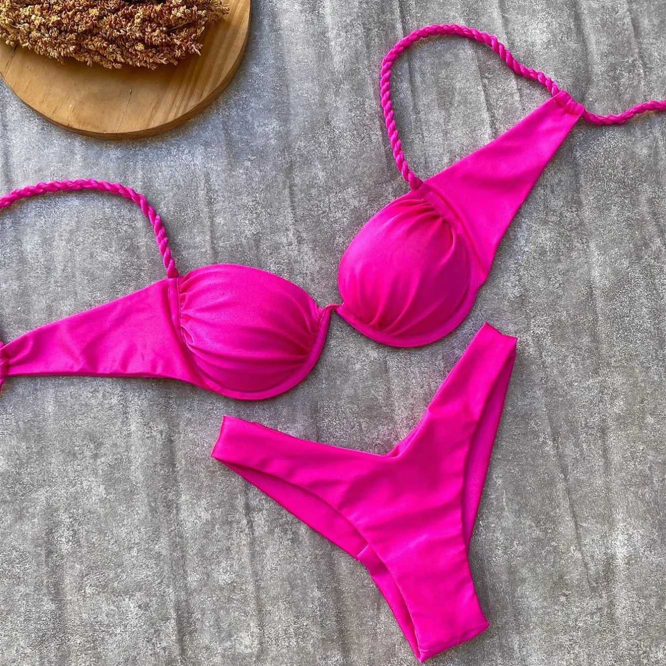 Push Up Bikini 2025 Sexy Women Swimsuit Female Swimwear Floral Bikini Set Brazilian Biquini Swimming Suit Solid Shiny Beachwear M260321