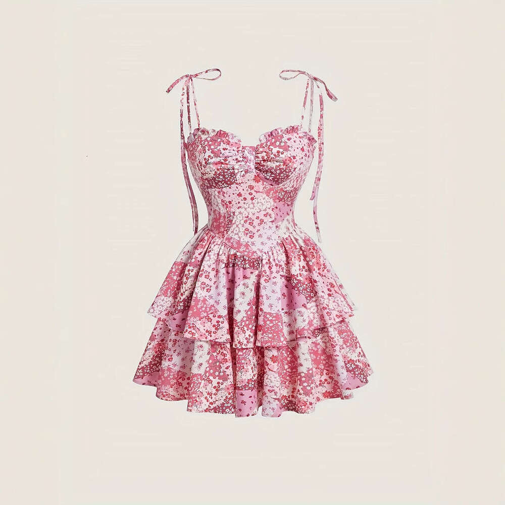 Designer's new European and American women's flower cake retro pink double-layer hem dress with a small k30 fragrant style