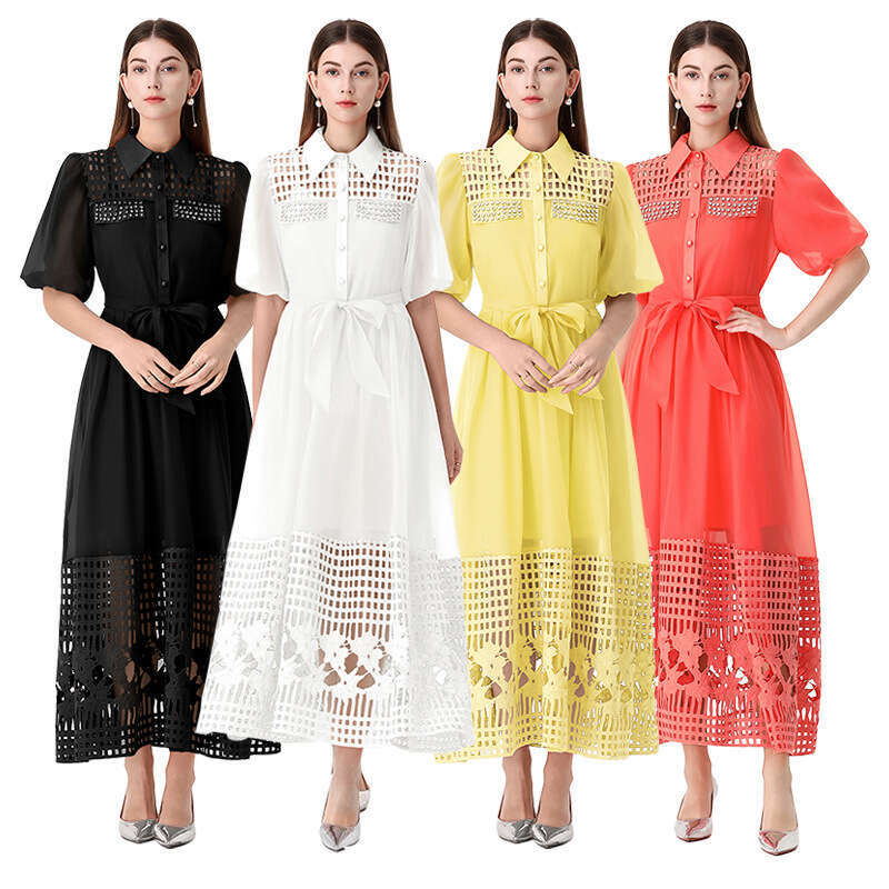 Spring/Summer Designer French Women's Collar Single breasted A14 Hollow Beaded Lace Splicing Long Belt Fairy Skirt