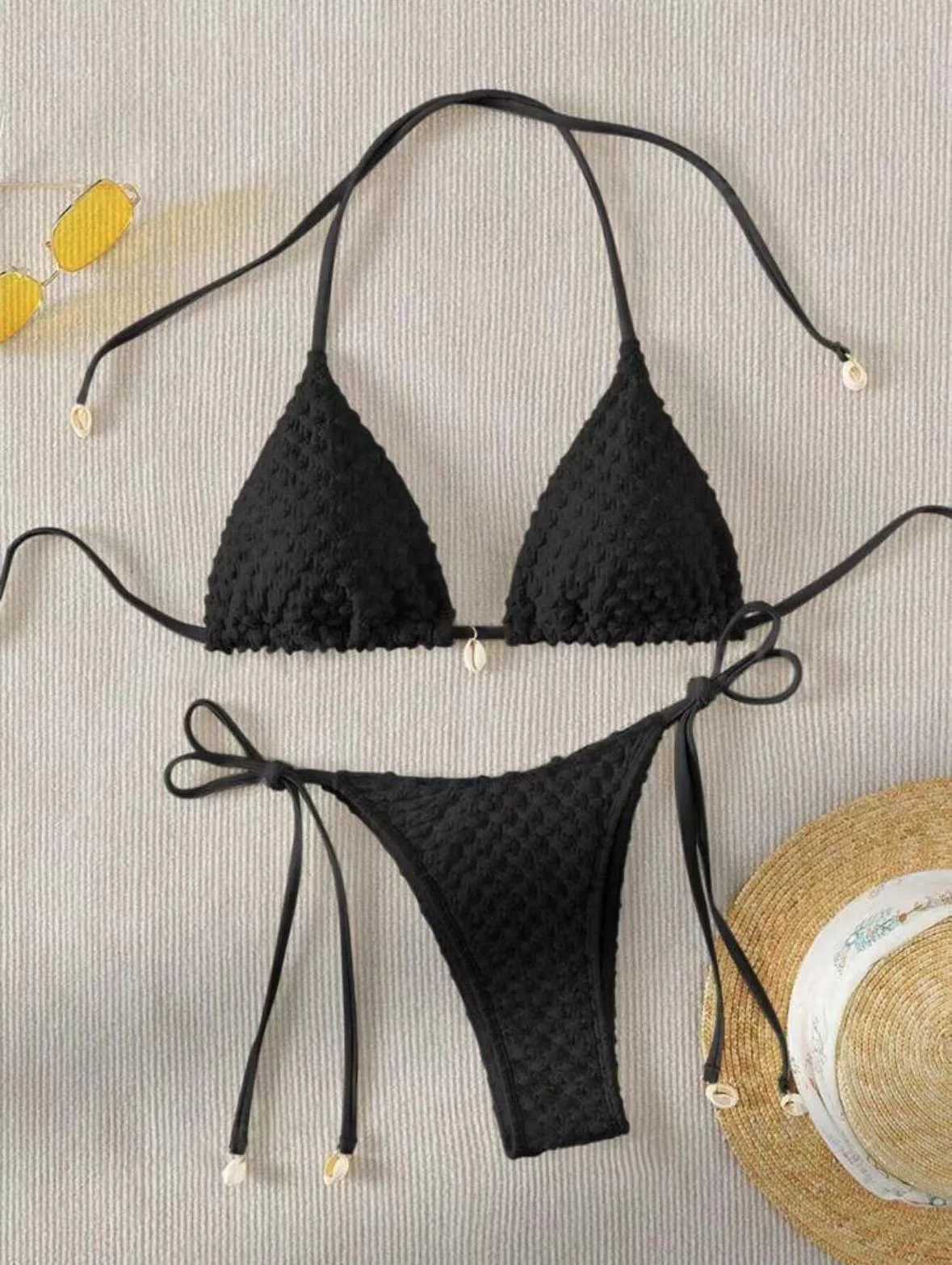 Fashion Sexy Shell Push Up Bikini Set White Black Tie Side Micro Triangle Swimwear for Girl Women M260321
