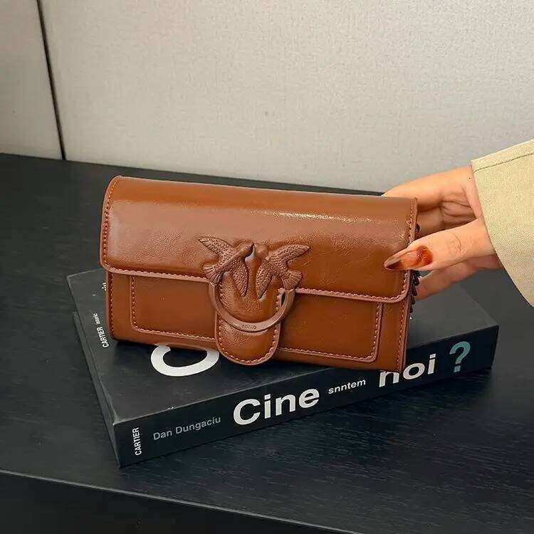 2026 New Women Swallow Design Oiled Leather Phone Crossbody Bag, Chain Strap Small Square Shoulder Purse, Vintage Chic