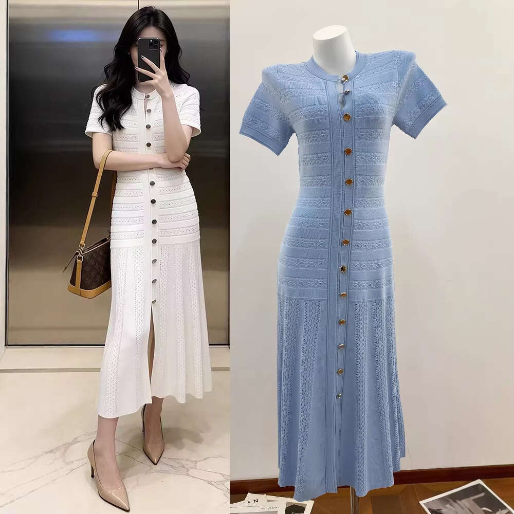 2026 Spring New French Heavy duty Craft Hollow Crochet Single breasted Elegant Slimming Wrinkle Long Knitted Dress