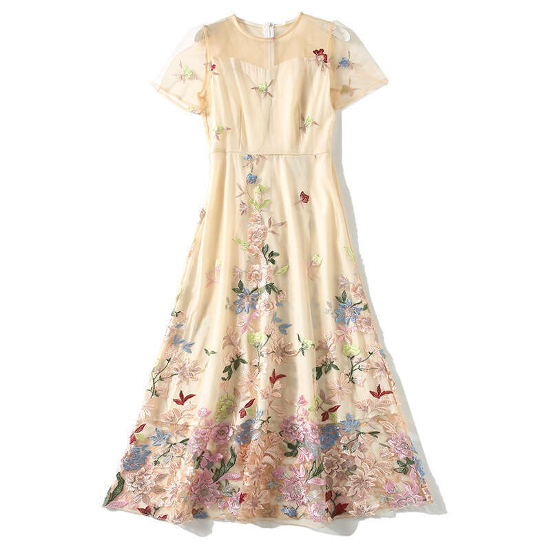 Women's mesh k30 embroidered flower 2026 summer new designer round neck slim fit waist tightening elegant fairy skirt