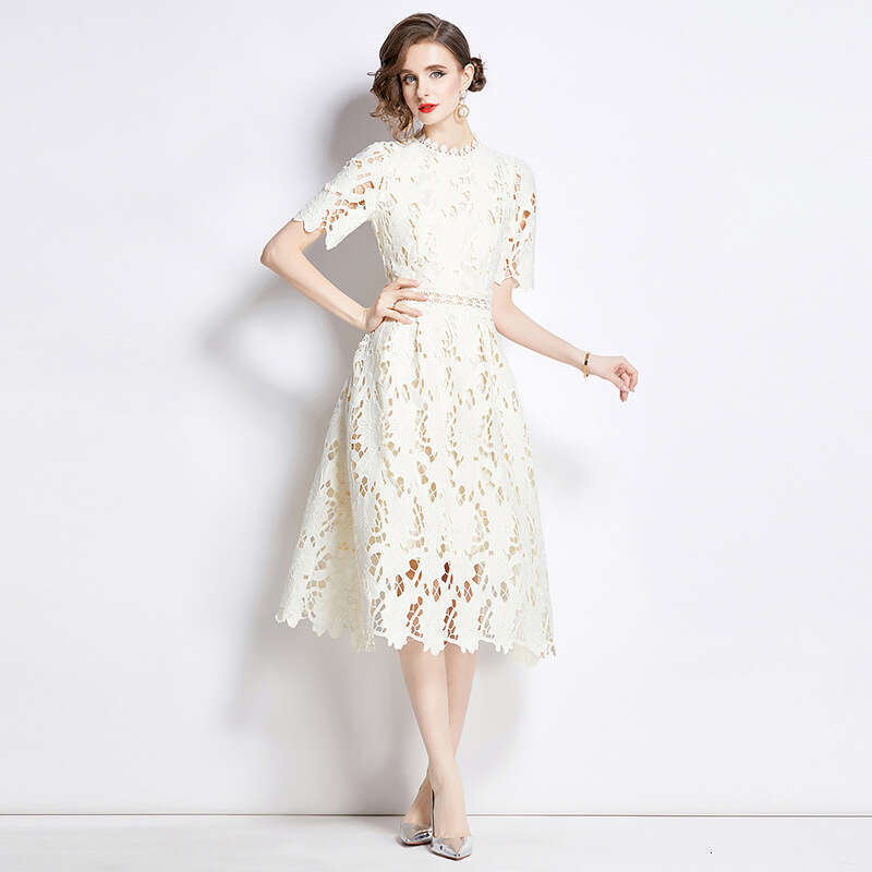 Fashionable and elegant short-sleeved round-neck waist-cinching slimming mid-length B15 A-line dress with hollow-out water-soluble lace
