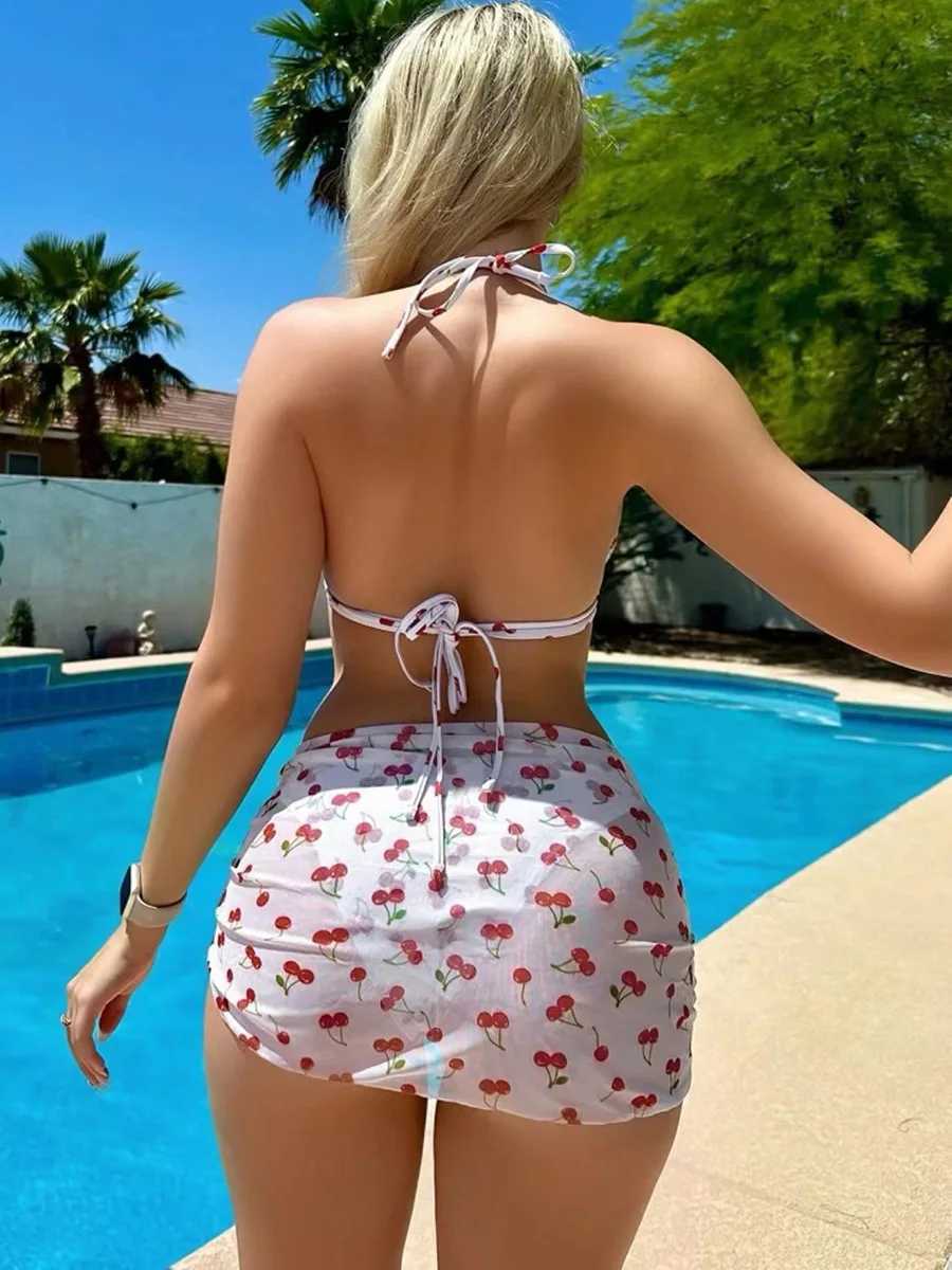 With Mesh Skirt Cherry Printed Bikini Female Swimsuit Women Swimwear Three Pieces Bikini Set Halter Bathing Suit Swim Beachwear M260321