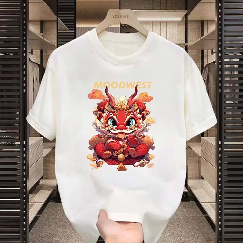 European fashion trendy brand light luxury men's T-shirt with short sleeves, unicorn print, Chinese style, round neck, loose fit, half-sleeve tee