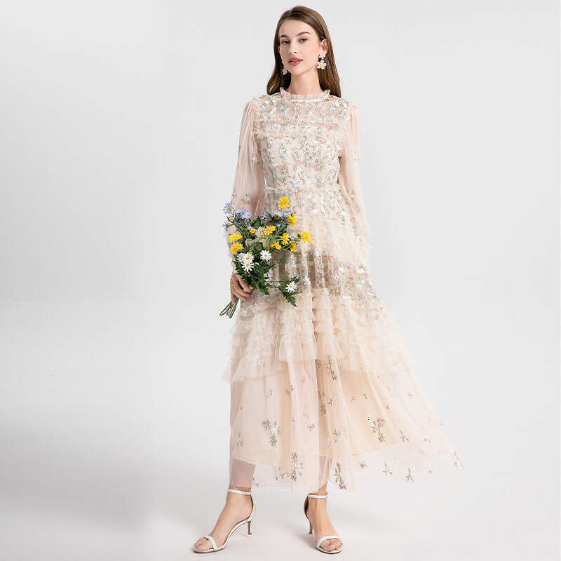 2026 luxury high-end evening dress k30 women's dress features exquisite mesh embroidery and pleated hem layered design