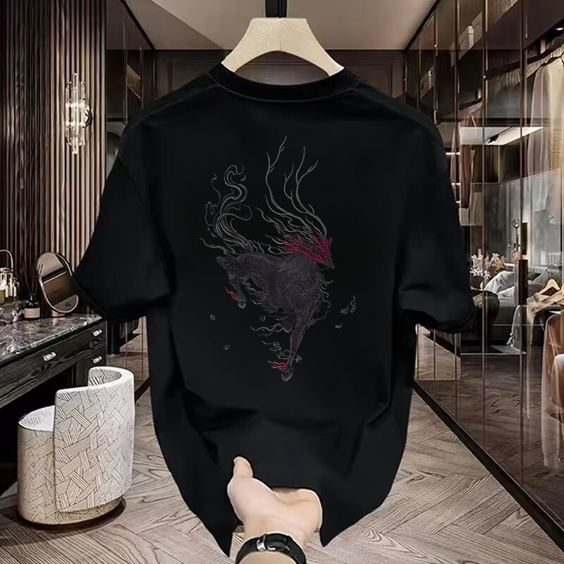 European fashion trendy brand light luxury men's T-shirt with short sleeves, unicorn print, Chinese style, round neck, loose fit, half-sleeve tee