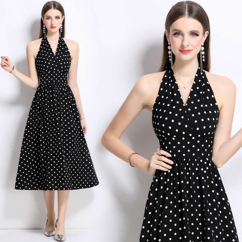Designer French retro polka dot sleeveless dress with small open back, V-neck, off shoulder, off shoulder tea skirt for 2026 summer A14 women's w
