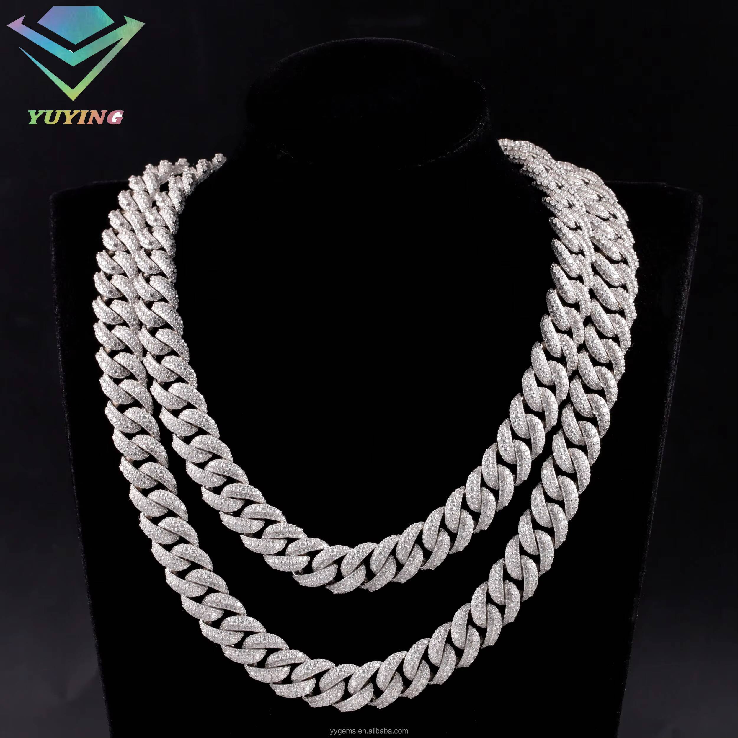 Rose Gold 2 Tones Raised Moissanite 14/16/18MM Wide Iced Out 3 Rows Cuban Link Chains 925 Silver VVS Moissanite Hip Hop Chains