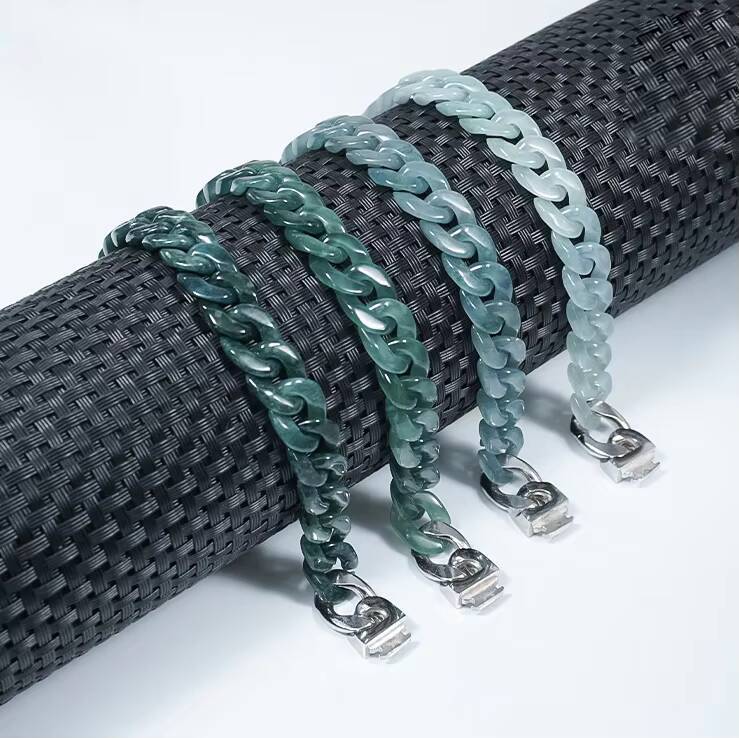 Natural Blue Jadeite Cuban Chain Link Bracelet Handmade Blue Jade Hip Hop Jewelry for Men Women Wholesale Fashion Accessory