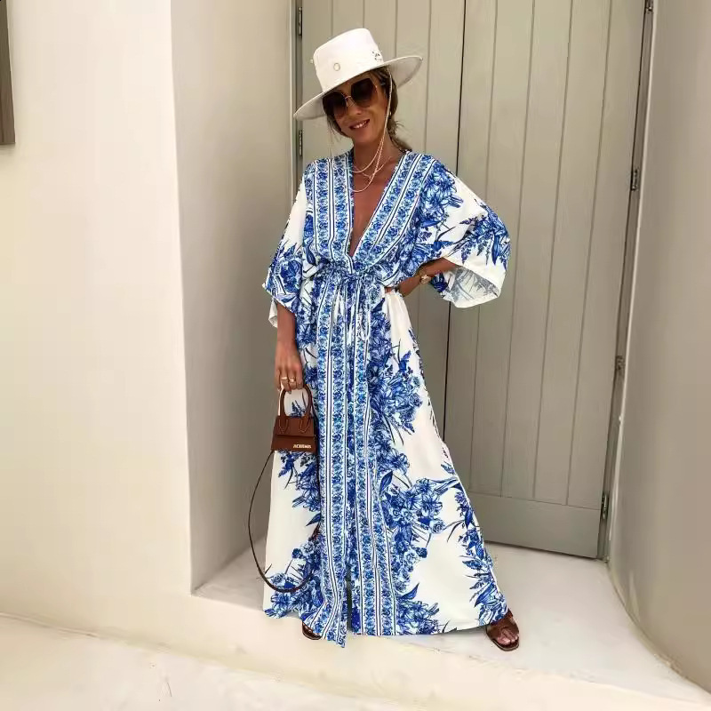 Bohemian Style Floral Print Dress For Women Summer Single Breasted V-neck Party Dress Spring Long Sleeve Holiday Mini Dress 240810