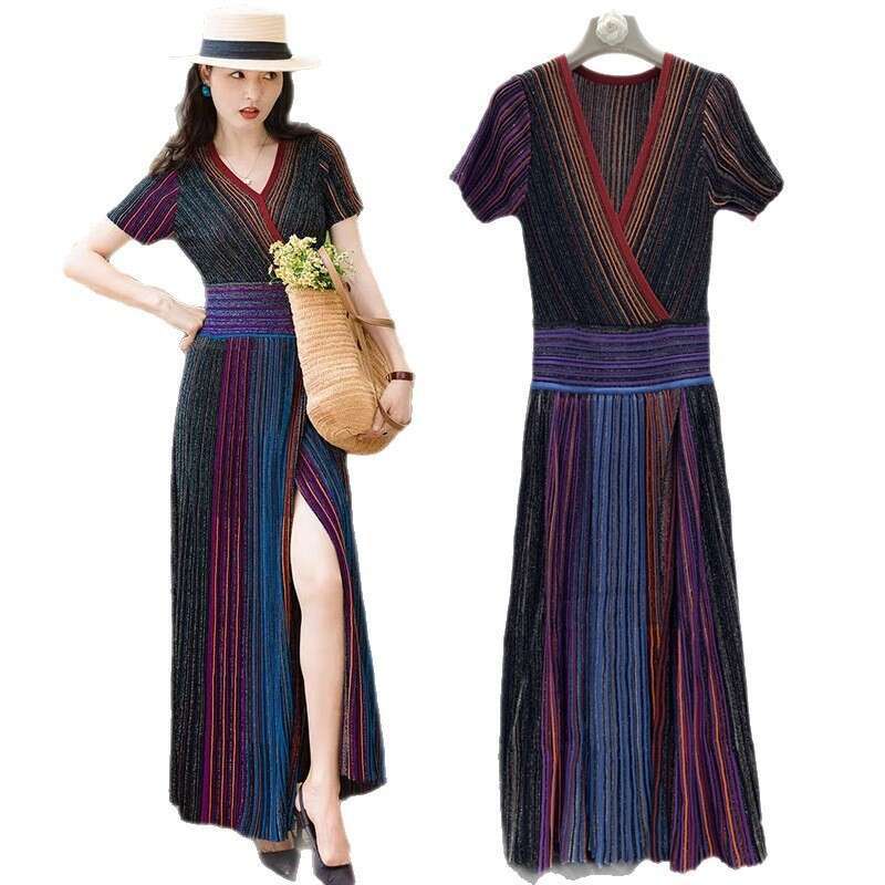 2026 e22 autumn and winter new designer gradient color striped gold wire waist elastic slit dress