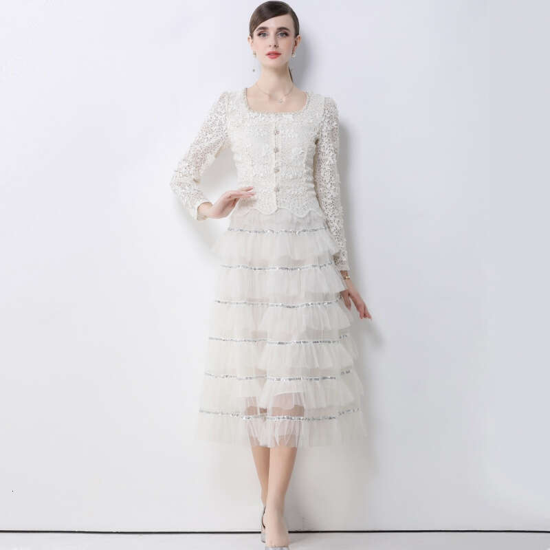 Designer French high-end elegant A14 fairy lace long sleeved women's spring and autumn lightweight sequin patch mesh cake skirt