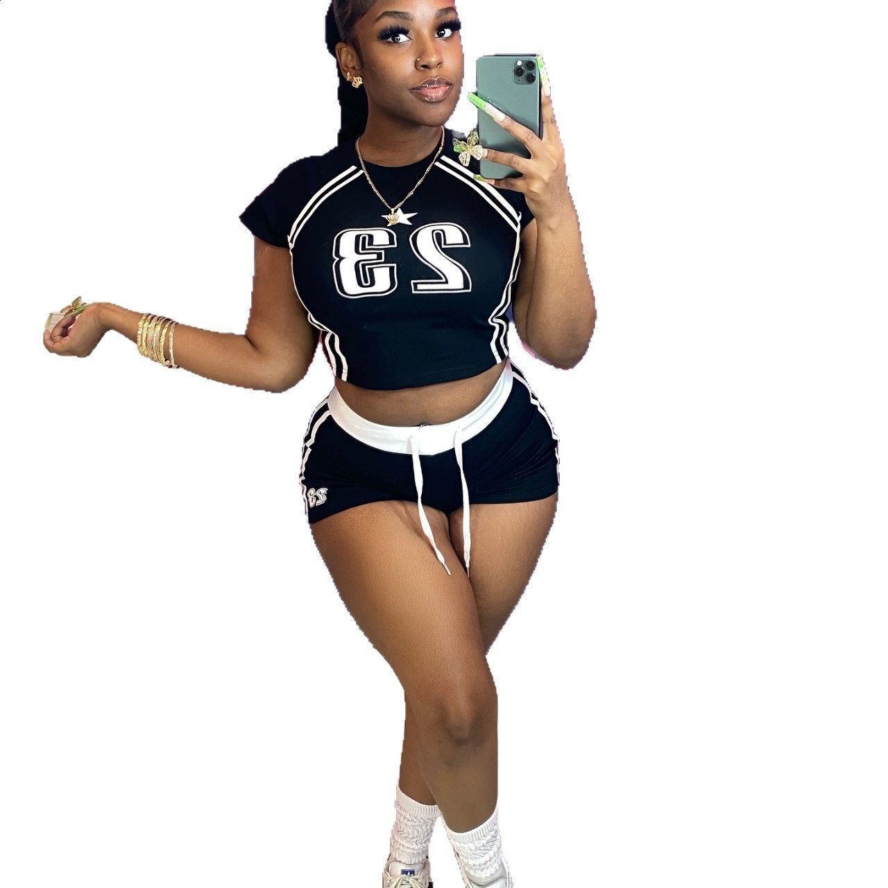 Retro Casual 2 Piece Sets Womens Outfits Spring Summer Digital Print Turn Down Collar Short Top Ribbed High-waisted Shorts Sets 250414