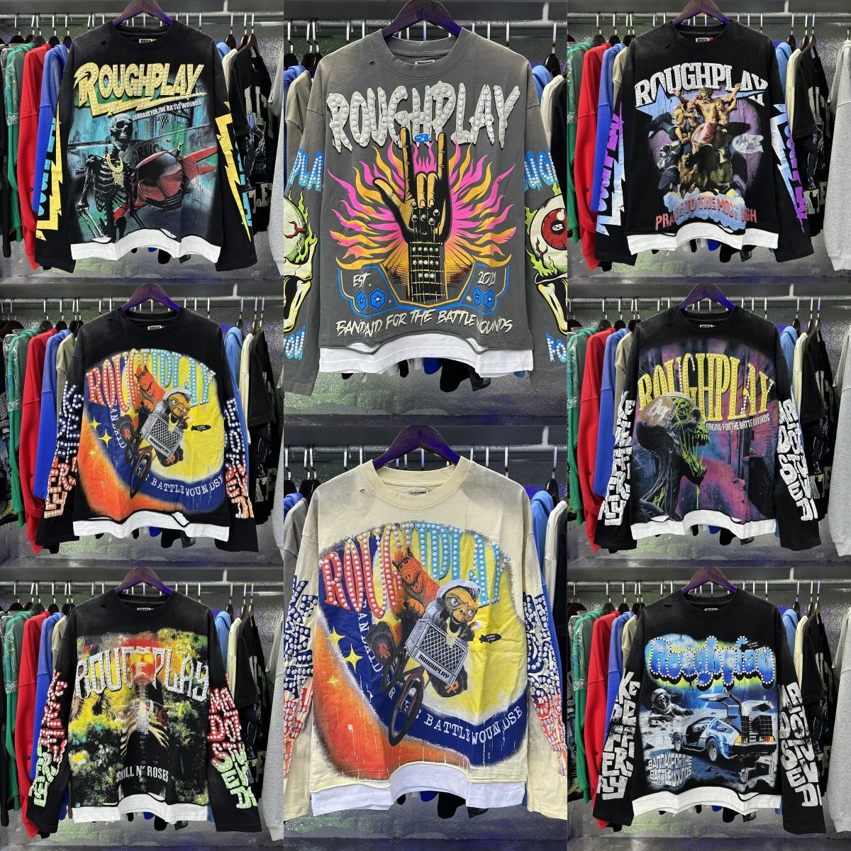 roughplay T-shirt designer's men's long-sleeved T-shirt roughplay printed high street trend casual fashion faux two men's and women's long-sleeved T-shirts