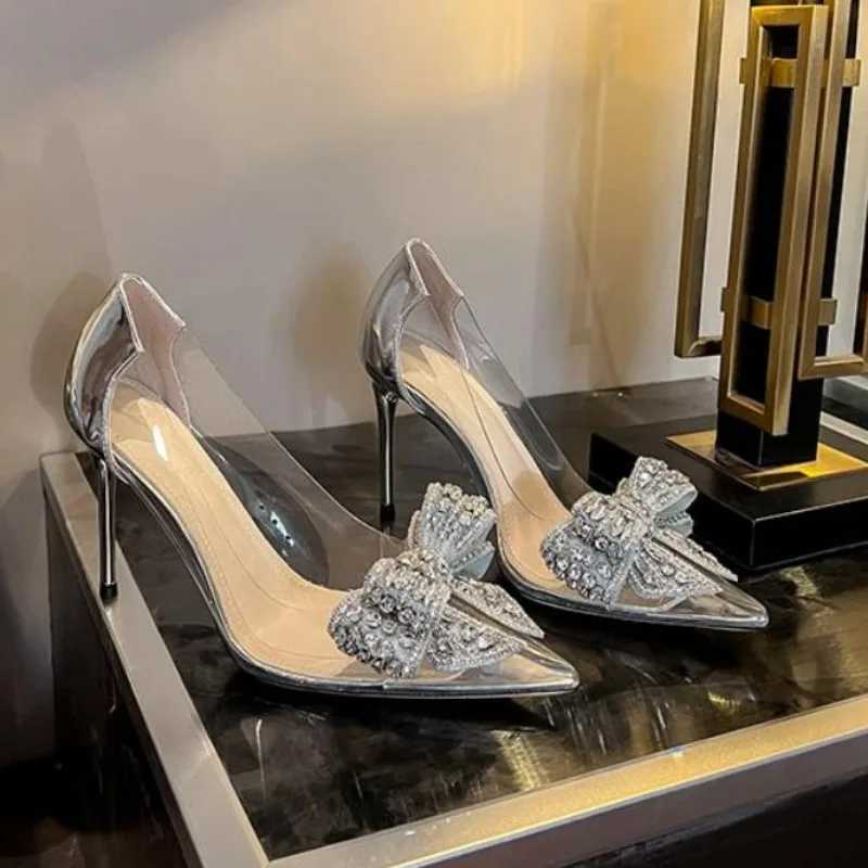Pointed Crystal Fairy Ladies Wind Sandals Rhinestone Butterfly-knot Transparent High Heel Pumps Women Fashion Dress Shoes C260321