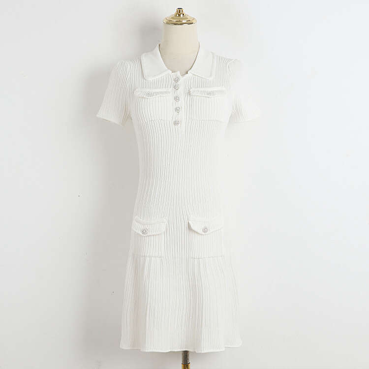 2026 summer new designer sequin k30 ribbed elastic waist doll collar knitted dress short sleeved