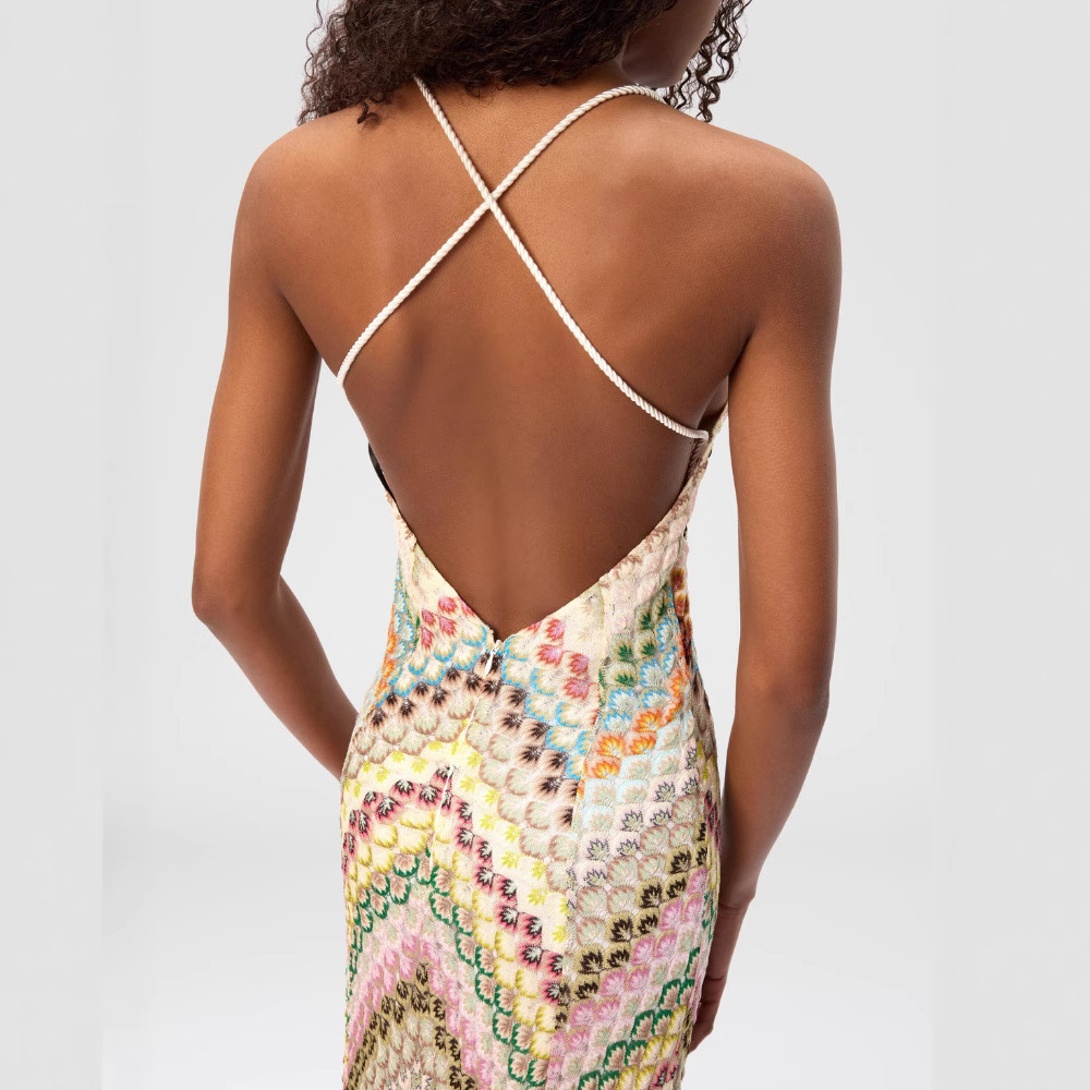 2025 European and American cross-border new foreign trade spliced long gown, lace strap dress, hand-knitted