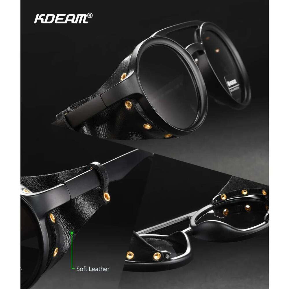 KDEAM Vintage Round Sunglasses Men Women Leather Shield Sun Glasses Twin Bridge Designed Shade KD179 26Y0321