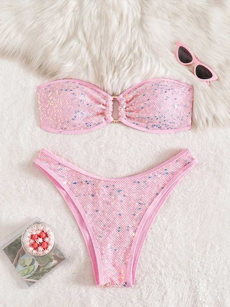 Vzvn 2026 New All Season Backless Bikinis Sexy Strapless Sequins Bikinis Set for Women Split Swimsuit Beach Bikini 2 Piece Set M260321