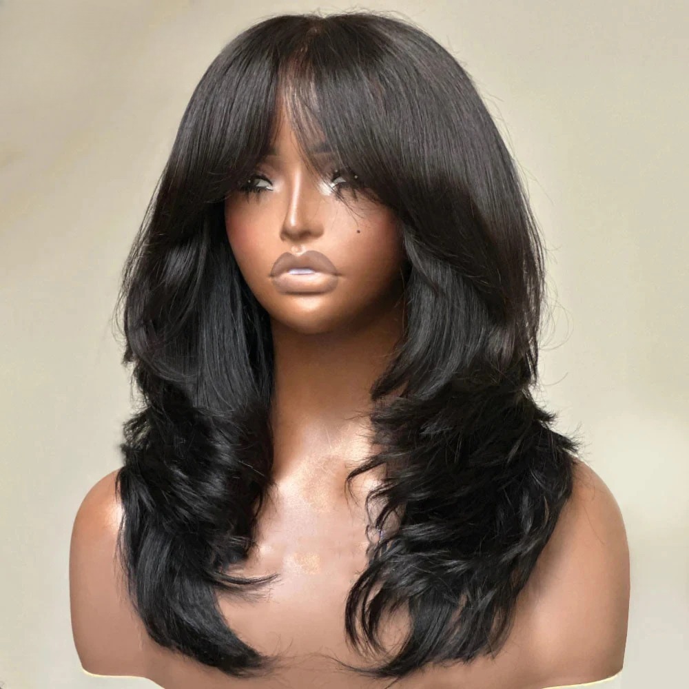 Real HD Lace Glueless Layered Cut Straight Human Hair Wig With Curtain Bangs 13x4 13x6 HD Frontal Wig Wear And Go Glueless Pre Plucked For Women