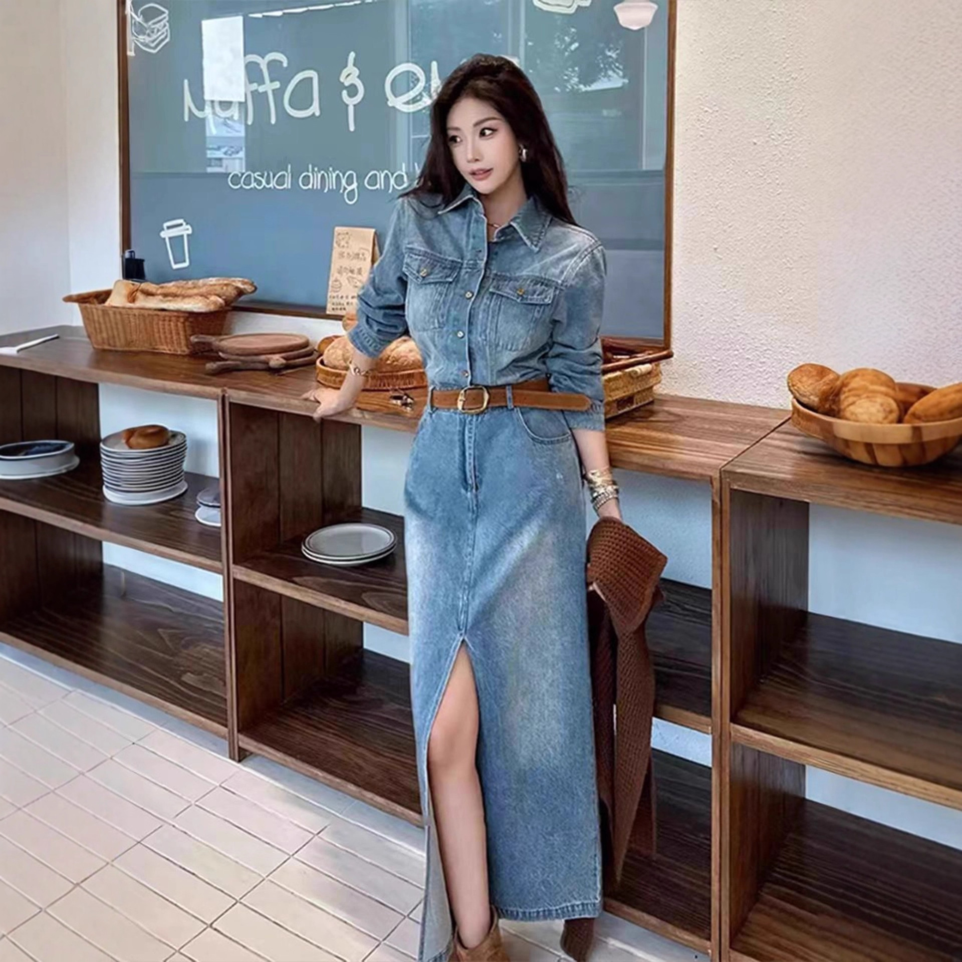 Spring And Autumn Over-the-knee Long New Style Women's Vintage Elegant Slim-fit Mid-sleeve Denim Dress Designer Dress For Tall Women