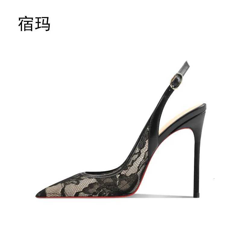 Black lace high-heeled sandals for the summer of 2025 new pointed thin heelshallow mouthcomfortable professional single shoe C260321